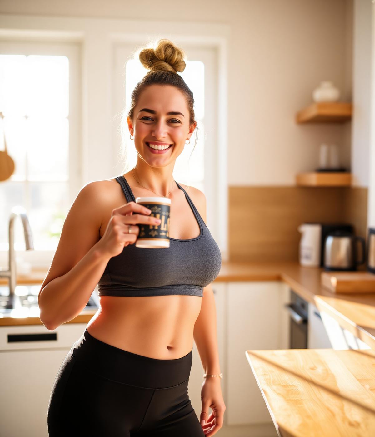 A happy woman enjoying a cup of coffee with Wellaray